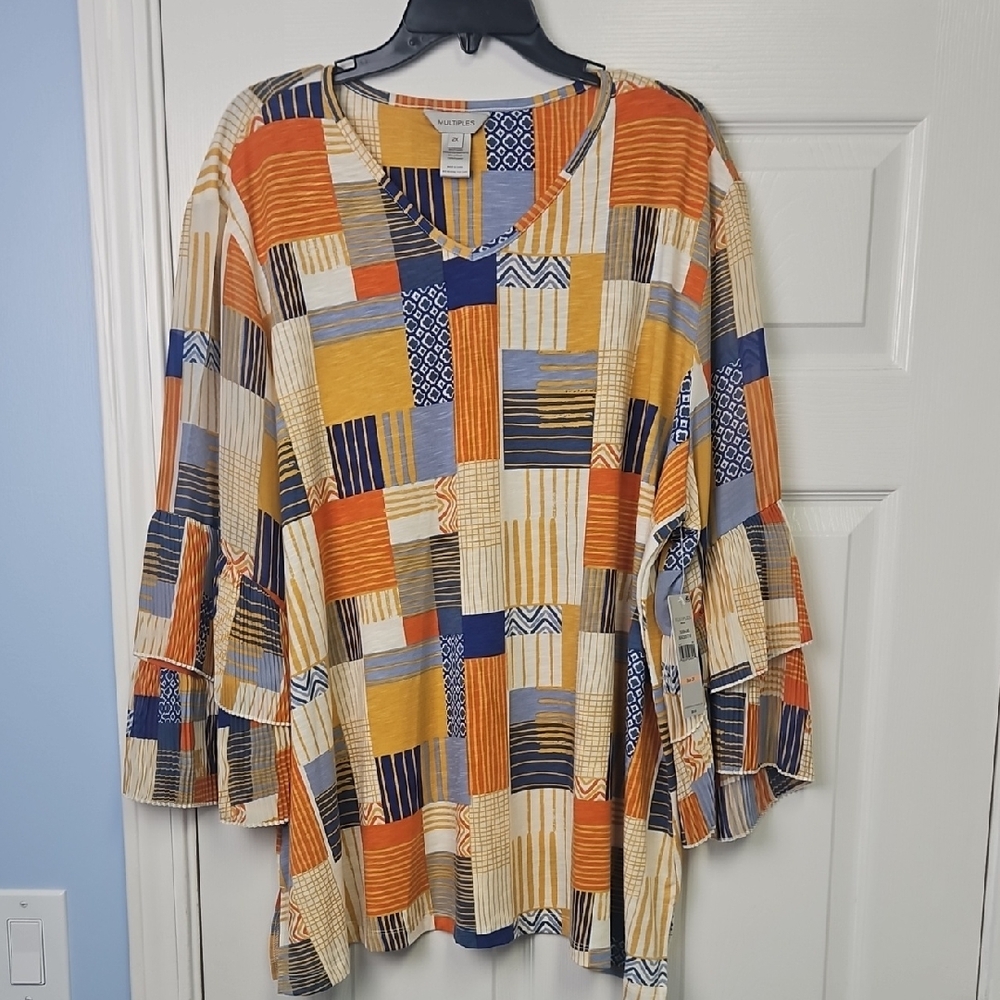 Multiples V-Neck 3/4 Ruffle Sleeves Plus Top: Multi Color Patchwork: 2X - Picture 1 of 13